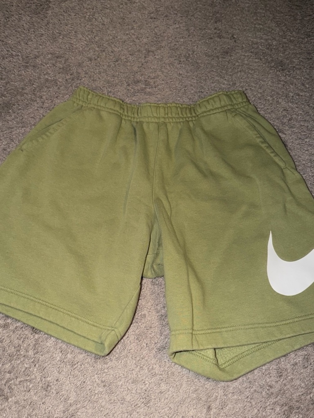 Nike Olive Green Athletic Shorts with White Swoosh